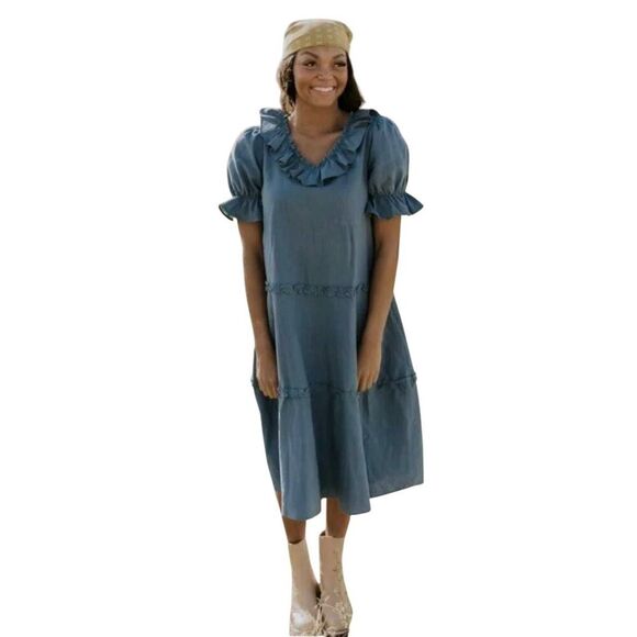 Roolee Women's Stone Blue Linen/Cotton Ruffle Dress - Picture 1 of 11